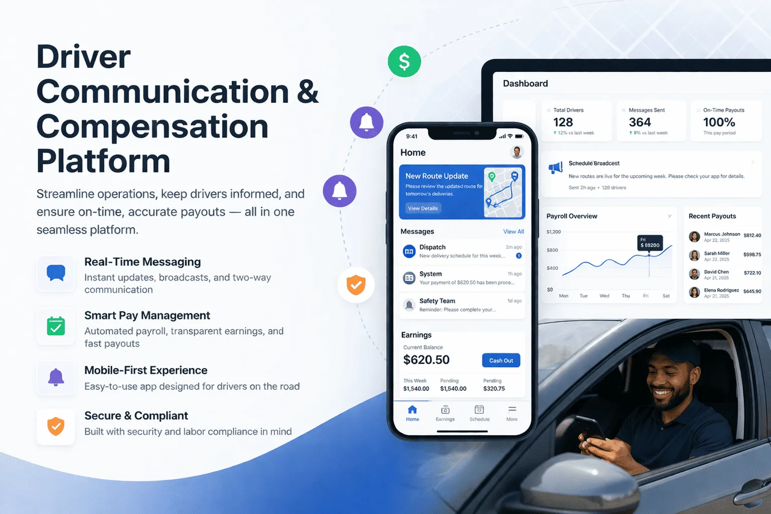 Driver Communication & Compensation Platform project preview showing event-driven backend platform for nationwide driver compensation and communications with strict correctness and reliability requirements.